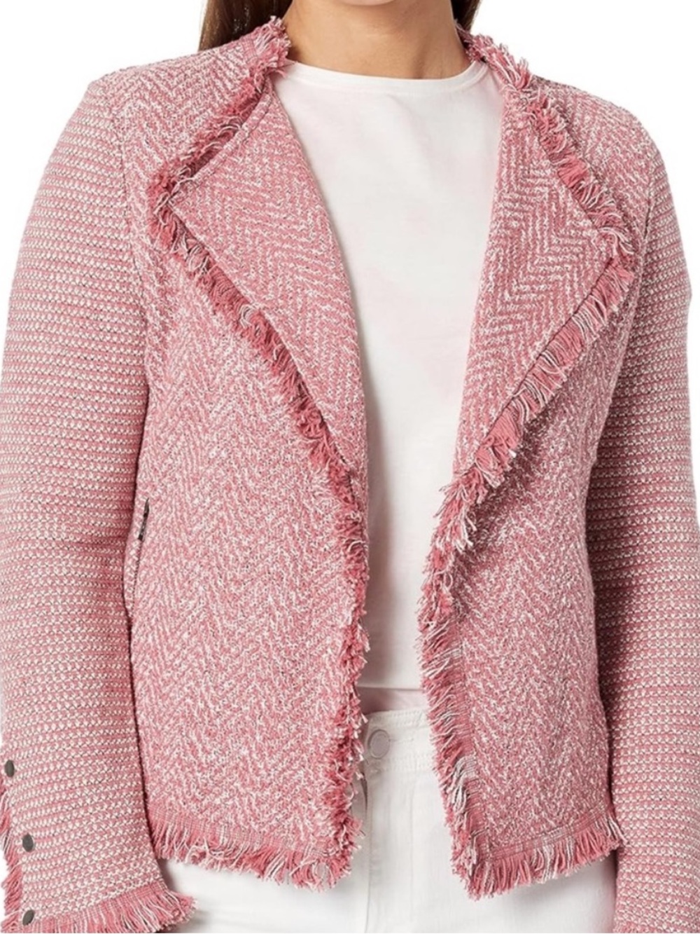 NIC+ZOE Pink and White Fringe Mix Knit Jacket Size M